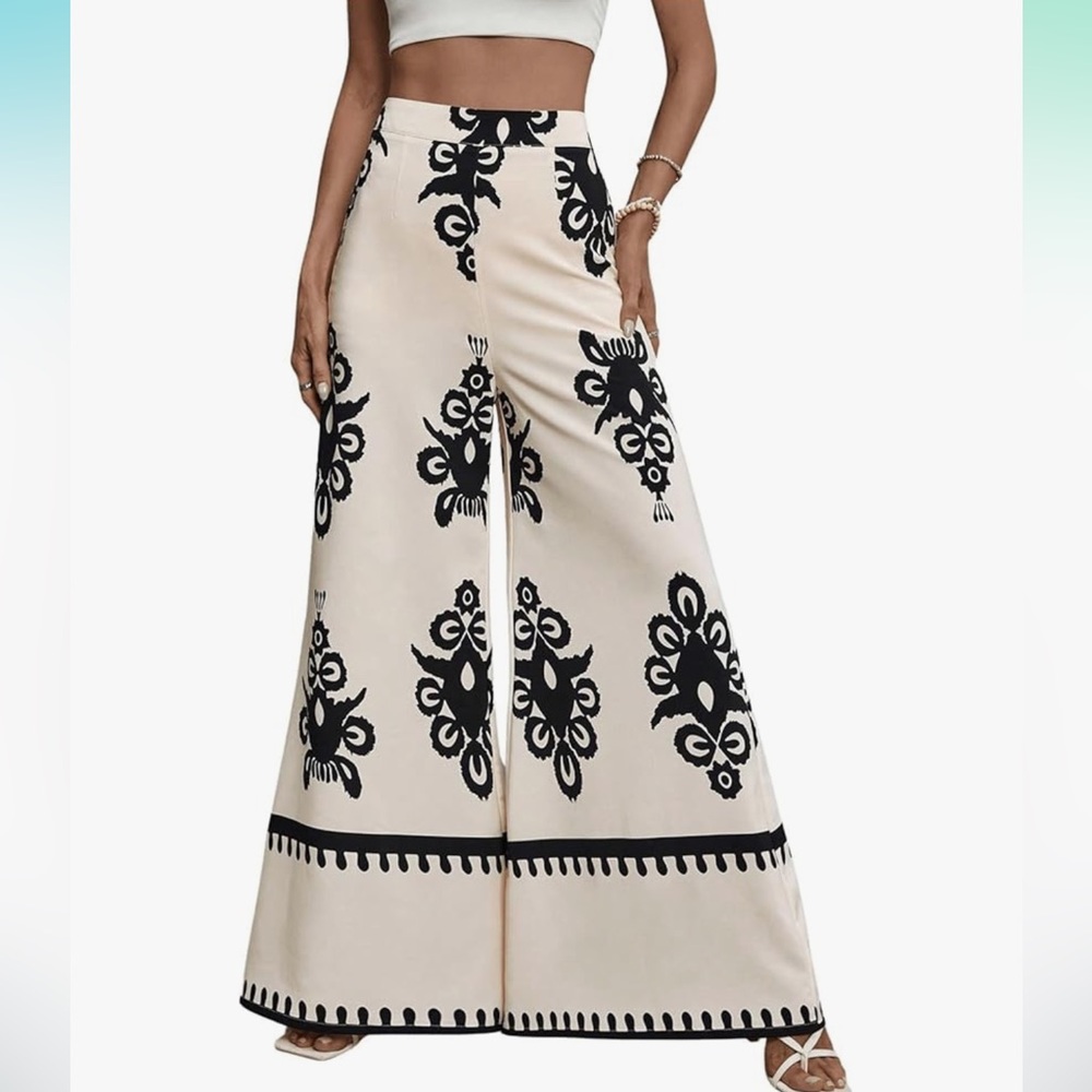 1103. Boho Print High Waist Wide Leg Pants Casual Long Pant - Picture 1 of 2